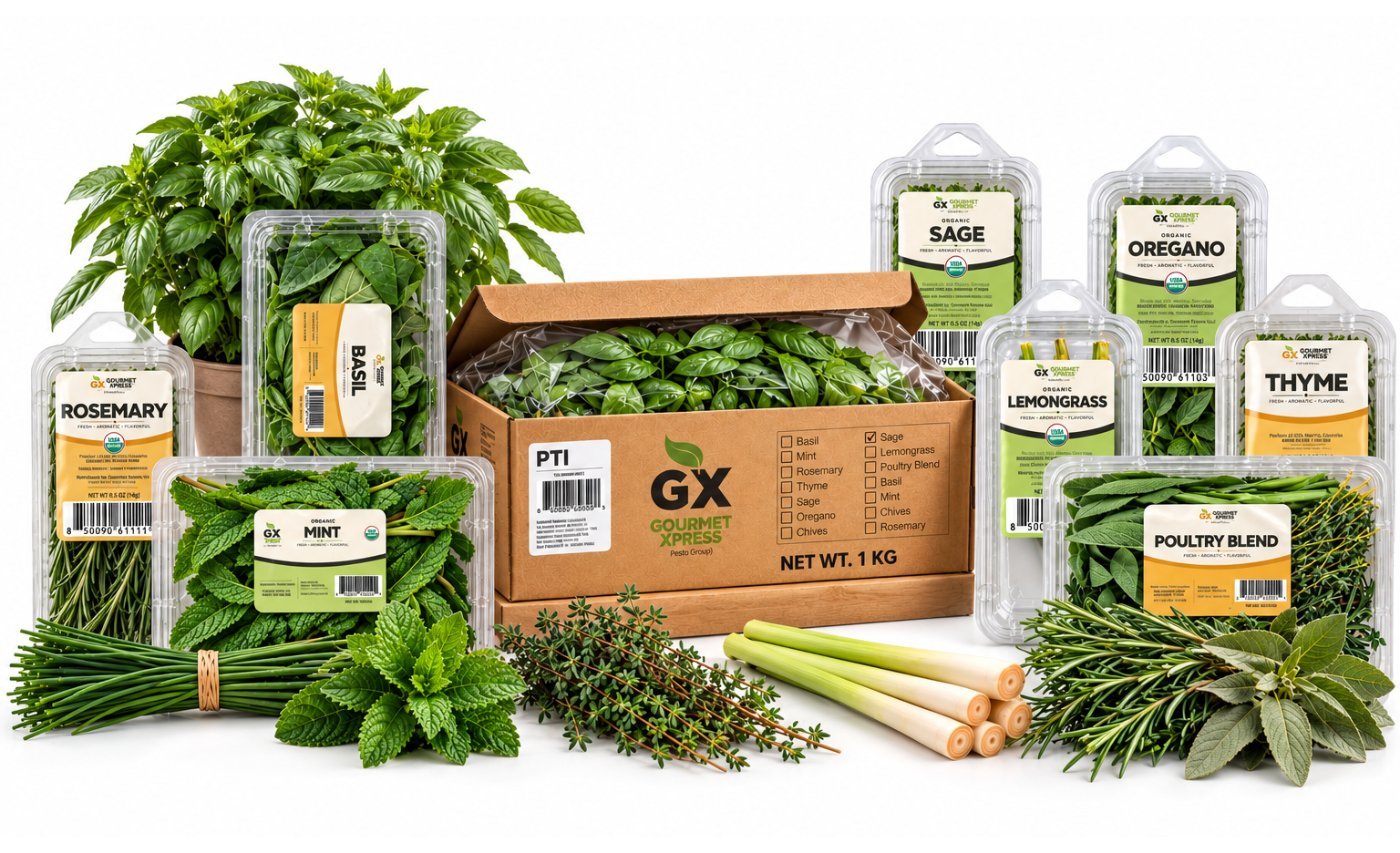 Gourmet Xpress retail clamshells and 1 kg foodservice case with fresh herbs