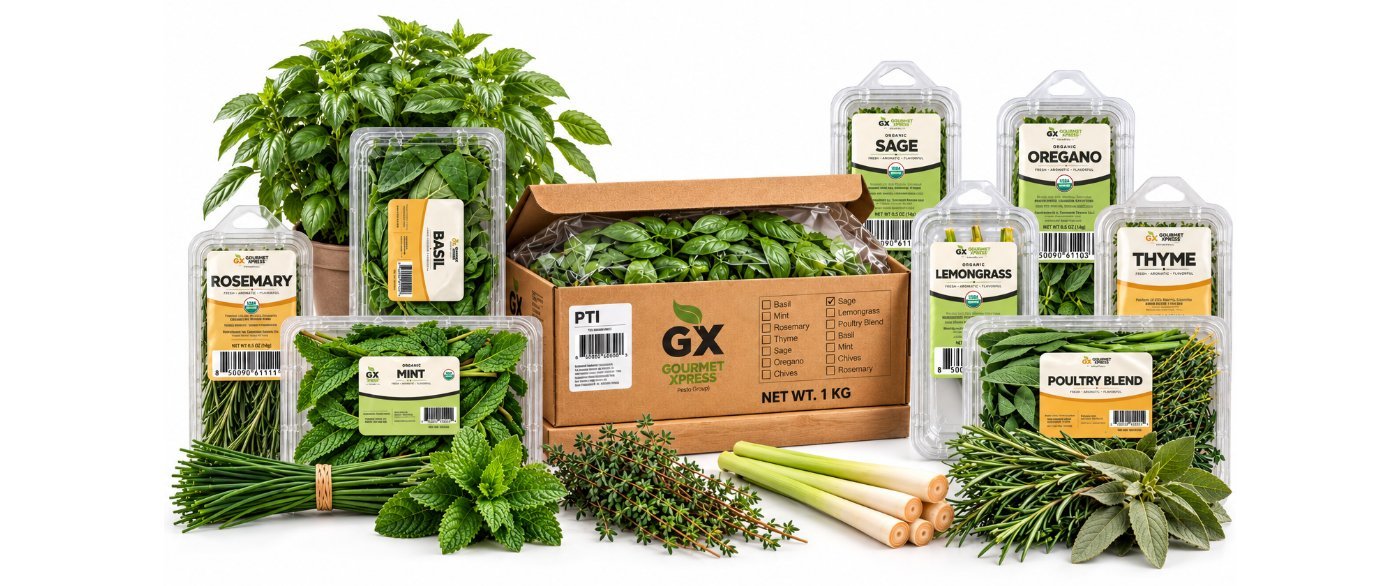 Gourmet Xpress retail clamshells and 1 kg foodservice case with fresh herbs