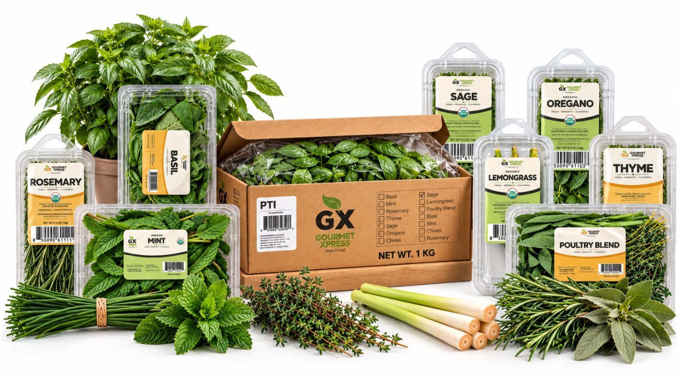 Gourmet Xpress retail clamshells and 1 kg foodservice case with fresh herbs