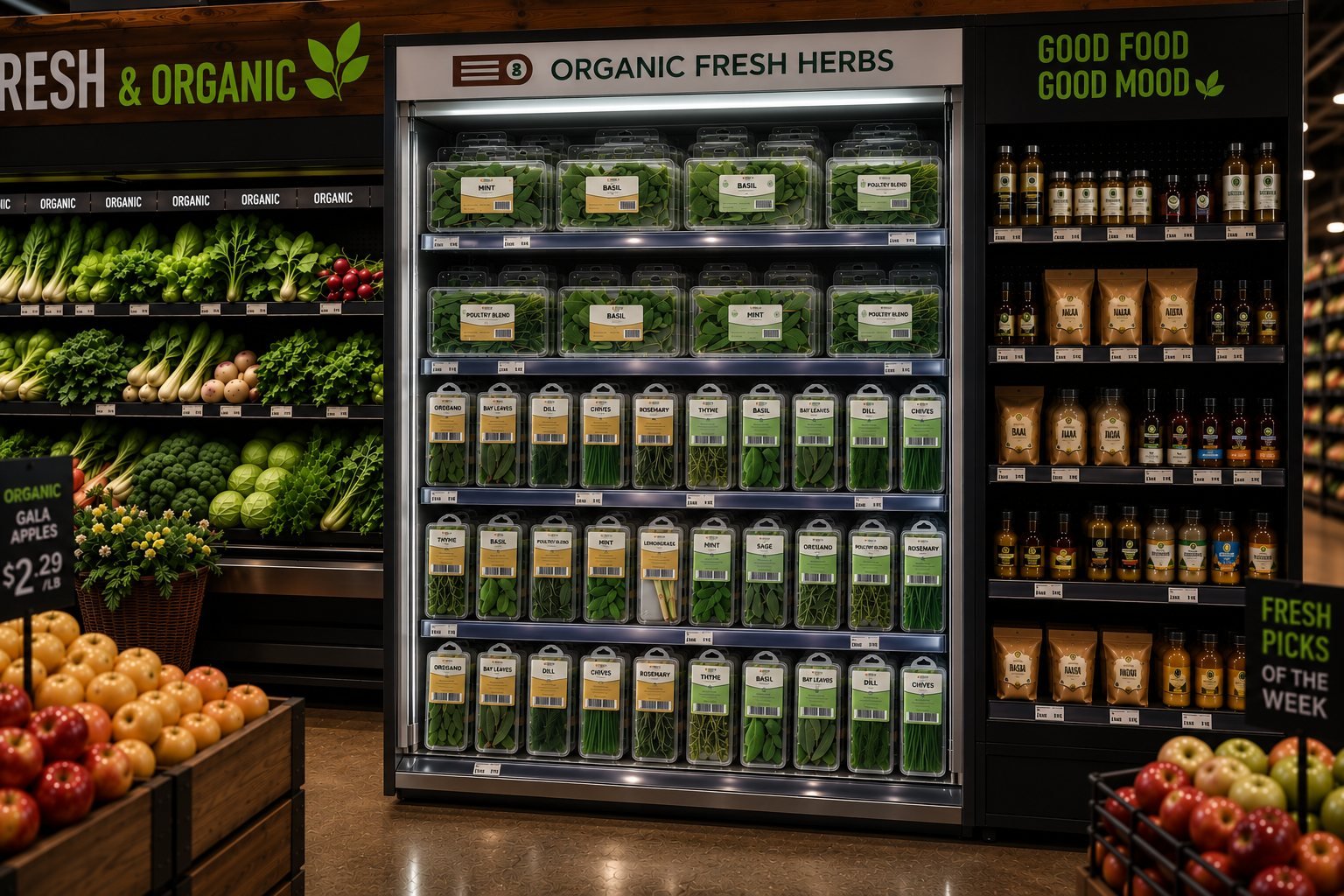 Gourmet Xpress organic fresh herbs cooler in a supermarket produce aisle