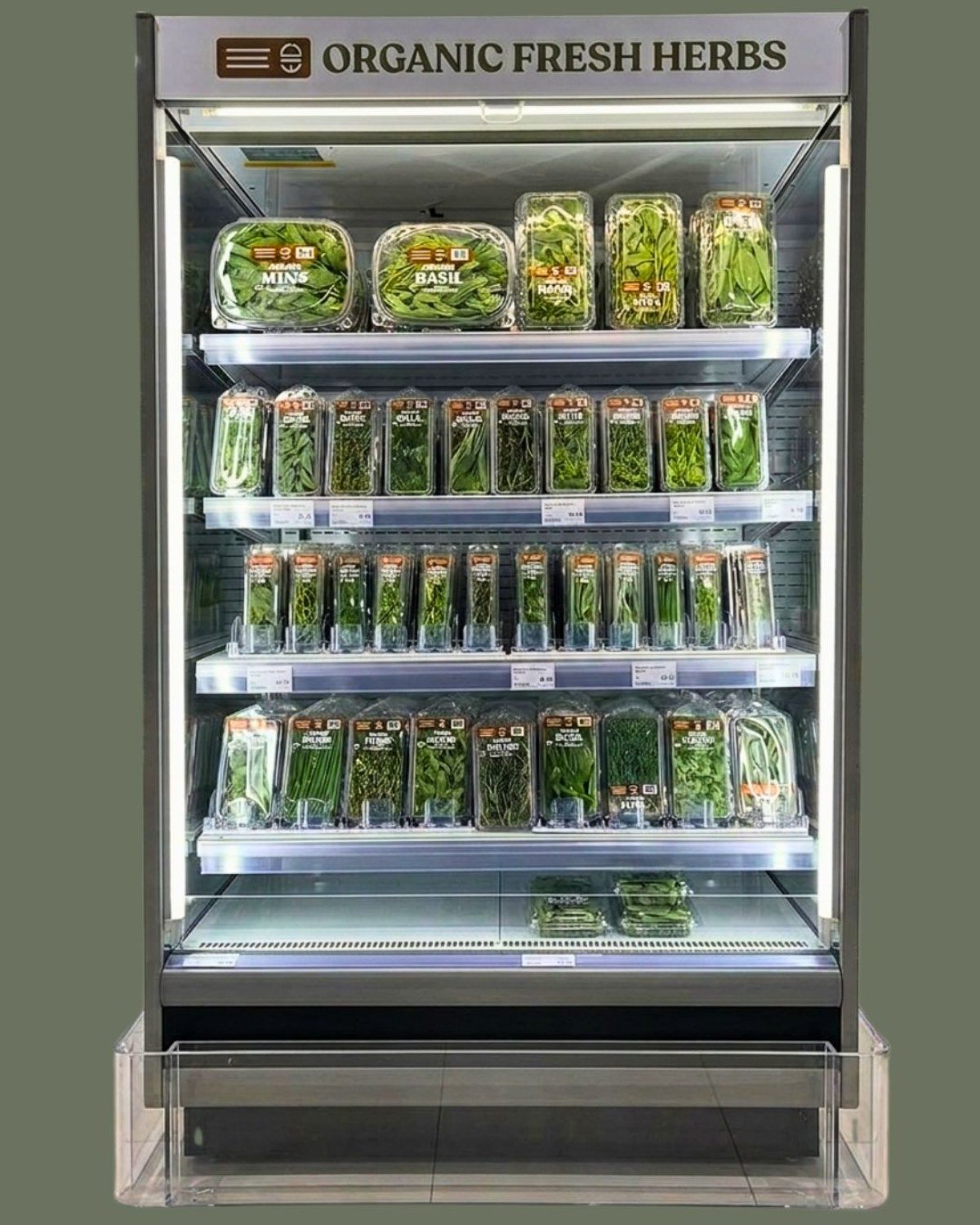 Organic fresh herbs open-front retail cooler