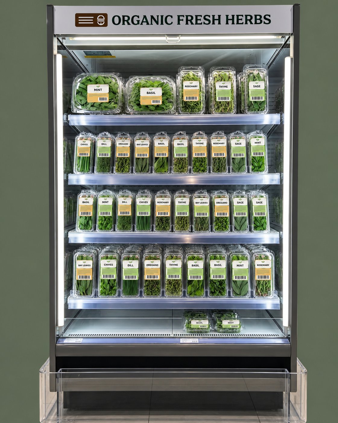 Gourmet Xpress organic fresh herb clamshells in an open-front retail cooler