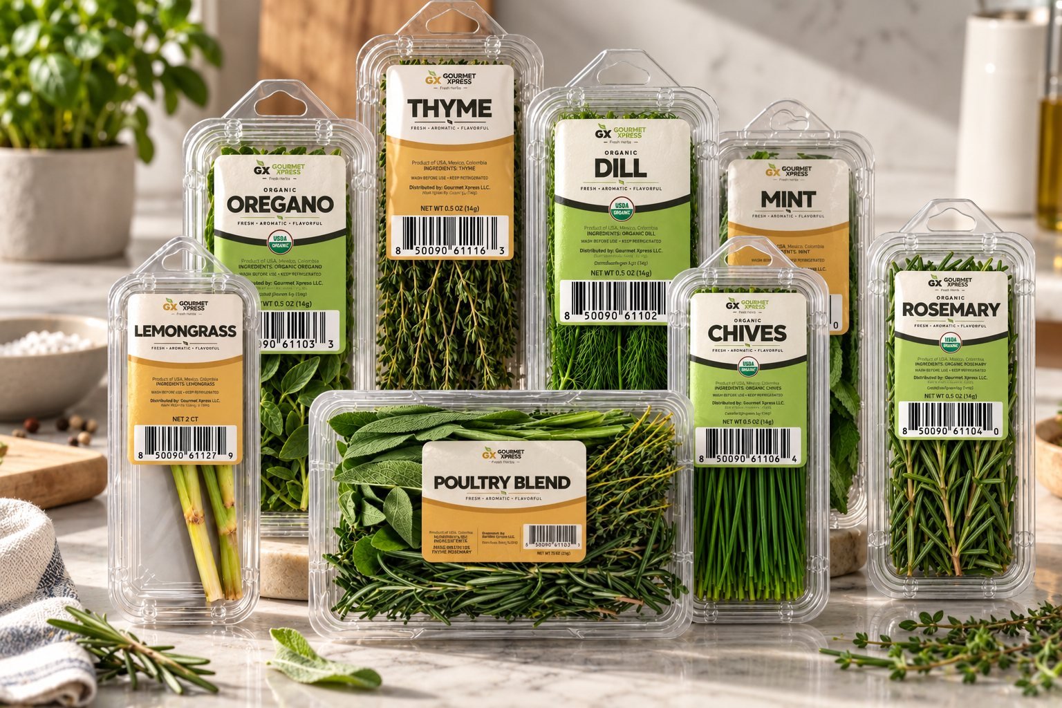 Gourmet Xpress retail clamshells: oregano, thyme, dill, mint, lemongrass, chives, rosemary and poultry blend