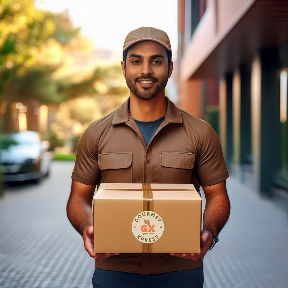 Delivery guy with gourmet xpress food service box